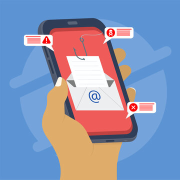 Mobile phishing attack illustration showing fake email message, warning alerts, and cyber threat icons on smartphone screen. Representing scam, fraud, hacking risk, and digital security awareness