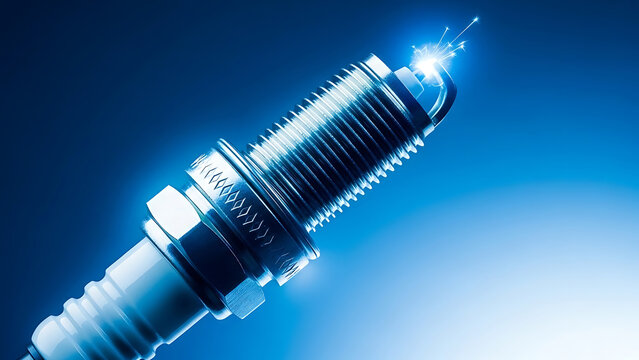 Spark plug igniting with blue electric spark ignition