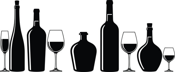 Obraz premium Set of black silhouettes featuring various wine bottles and glasses for winery branding, bar menus, and celebration events.