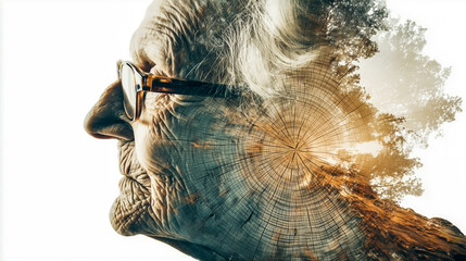 Fusion of forest and elderly woman, poetic visual representing accumulation of knowledge and experience