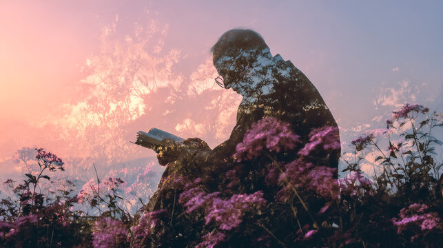 Quiet time woven by flowers, light, and a book, minimal expression of reflection and emotional release
