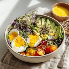 Colorful healthy salad bowl filled with soft boiled eggs sliced avocado fresh microgreens and halved cherry tomatoes