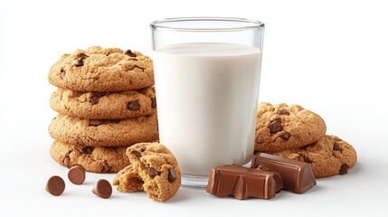 Glass of white milk a tall stack of chocolate chip cookies and scattered chocolate pieces on a crisp white background