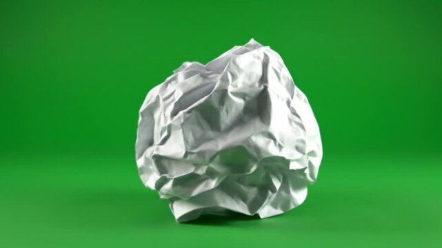 A crumpled white paper ball sits centered against a bright green background