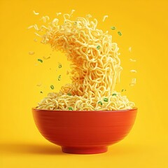 Instant ramen noodles with scattered green onions falling dynamically into a vibrant red bowl on a bright yellow