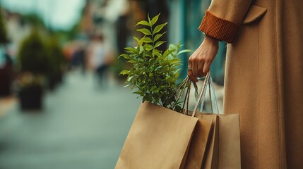 Stock photo of Woman holding shopping bags walking street, holding a small plant sapling, concept of Lifestyle x Earth Day, natural earth tones, lush green foliage, style of Sustai