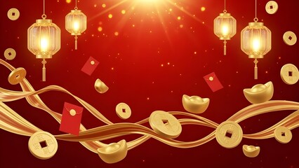 Abstract red background with flowing golden wave elements symbolizing prosperity and celebration for Chinese New Year.
