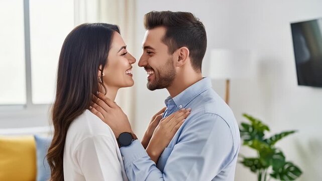 romantic couple indoors smiling at each other in cozy living room