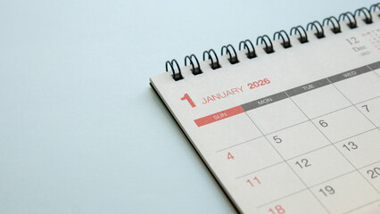 January 2026 calendar page on light blue background with copy space for new year planning