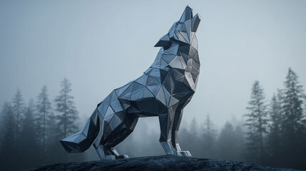 Geometric Wolf Statue Stands Proud On Rock Amid Misty Forest Backdrop
