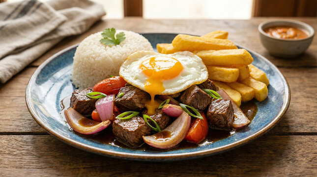 Delicioso lomo saltado acompa&ntilde;ado con arroz blanco y un huevo frito montado. Comida peruana.