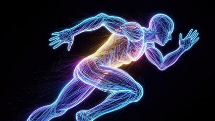 Abstract Neon Blue and Yellow Running Human Body Anatomy Illustration