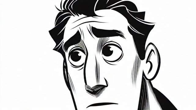 A black and white cartoon illustration of a sad or dejected man with his head tilted to the side, expressing sorrow or disappointment
