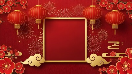 Festive red background with a square golden frame for Chinese New Year banners, posters, and greeting cards.