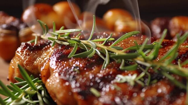 Macro 4K shot of grilled tomahawk steak topped with fresh rosemary. Juicy, tender meat and grill marks captured in delicious HD detail