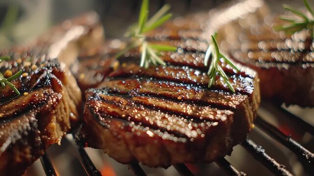Macro 4K shot of grilled tomahawk steak topped with fresh rosemary. Juicy, tender meat and grill marks captured in delicious HD detail