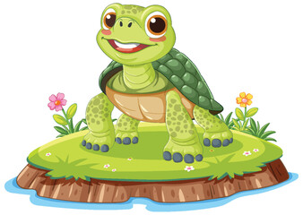 Smiling Cartoon Turtle Standing on Grassy Island