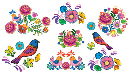 Colorful Folk Art Birds and Flowers Vector Set