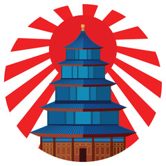 Traditional Pagoda with Radiant Sunburst Vector Illustration
