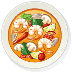 Top View of Tom Yum Soup with Shrimp and Vegetables