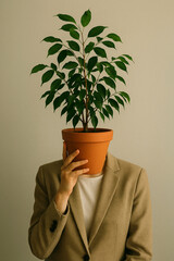 A person in a tan blazer holds a potted plant in front of their face, symbolizing personal internal growth