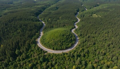 &ldquo;Aerial View of Scenic Winding Road Through Dense Green Forest and Rolling Hills, Curved Highway Landscape, Natural Wilderness, Summer Nature Travel, Environmental Conservation and Eco Tourism Concept
