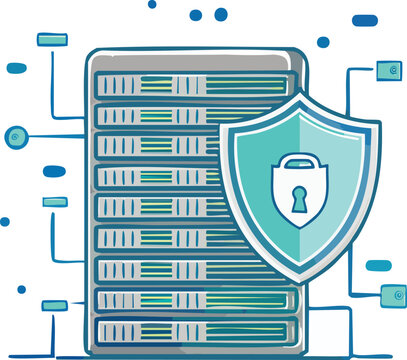An illustration depicting a secure server rack with a shield and padlock, symbolizing data protection and network security.