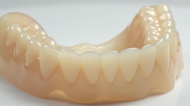 Close-up of a full set of dentures, showcasing dental prosthetics and oral care.