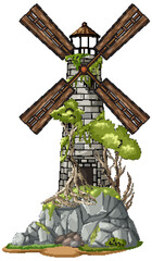 Abandoned Stone Windmill Tower Overgrown with Trees