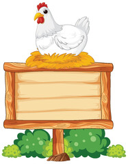 White Hen on Wooden Farm Sign with Nest and Bushes