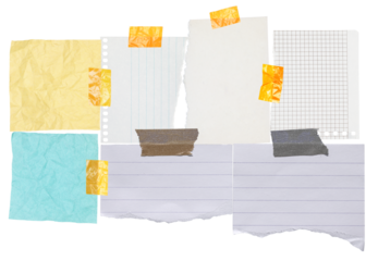 creative arrangement of torn, crumpled, and lined paper sheets with grid patterns, taped together on a transparent background, forming a dynamic collage of notes and ideas.