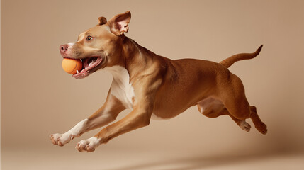 Energetic Pit Bull Jumping With Ball In Mouth, Action Photo For Pets And Fitness Stock Images