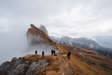 Scenic landscape view of the Dolomites Alps featuring the Odle mountain range and Seceda peak in Italy. Captures dramatic alpine scenery,