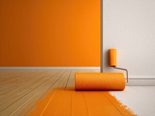 A room being painted vibrant orange. Wooden floor and white wall frame the scene. Paint roller present