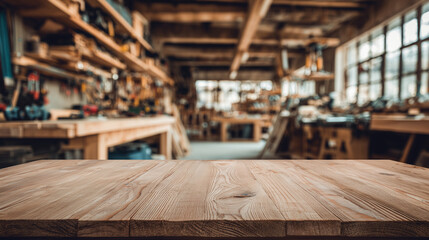 Well Maintained Carpentry Workshop Interior With Clean Wooden Table and Tools in Background