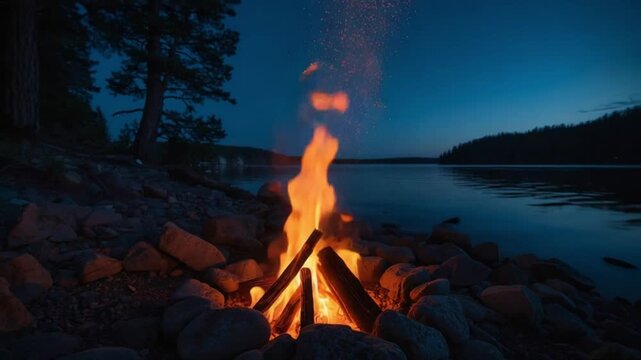 Midsummer Solstice Bonfire by the Lake at Twilight
