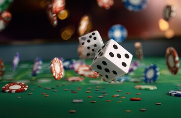 Casino scene with dice rolling and various color poker chips in a blurry background