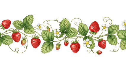 Strawberry plant border with red fruits and white flowers