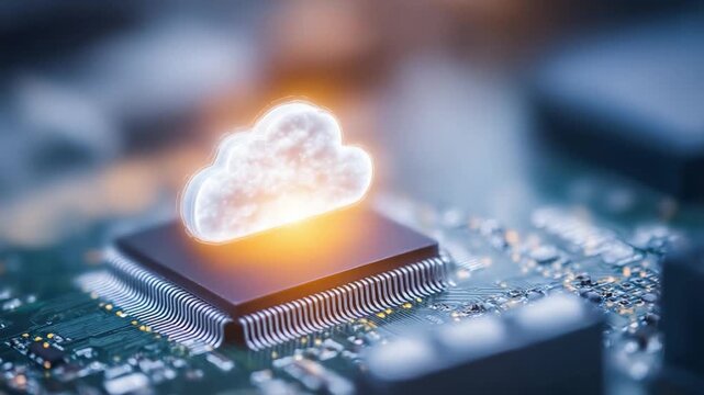 Cloud Computing: Illustrative Image of a glowing cloud symbolizing cloud computing technology atop a computer chip. 