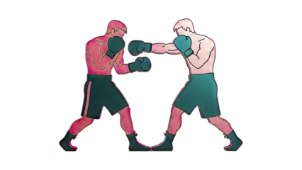 Two boxers facing off with red bodies and black shorts