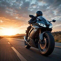 &ldquo;Sport Motorcycle Rider Racing on Open Highway at Sunset, Powerful Superbike Speeding on Asphalt Road, Freedom Ride, Adventure Travel, High Performance Motorbike, Extreme Speed and Lifestyle Concept&rdquo;