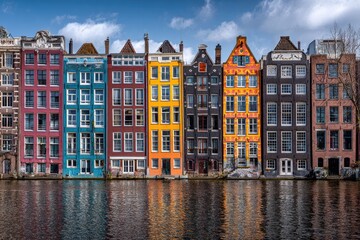 Naklejka premium A vibrant row of historic canal houses with colorful facades in a European city