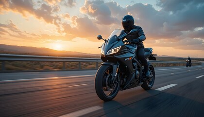 &ldquo;Sport Motorcycle Rider Racing on Open Highway at Sunset, Powerful Superbike Speeding on Asphalt Road, Freedom Ride, Adventure Travel, High Performance Motorbike, Extreme Speed and Lifestyle Concept&rdquo;