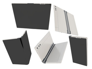 collection of modern foldable smartphone concepts in various open and closed states, showcasing sleek futuristic technology and design.