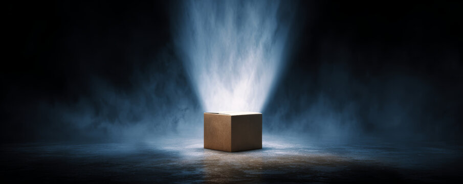 Mystery box light glowing package dark background spotlight beam magical atmosphere dramatic scene fantasy concept surprise mood copy space