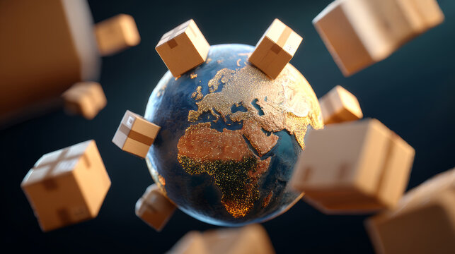 Global shipping earth cardboard box delivery logistics export import worldwide parcel transport glowing global shipping earth cardboard box