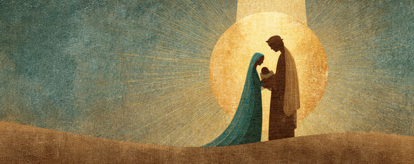 Nativity holy family silhouette baby halo light faith religion worship Christmas story illustration in desert night landscape © Atchariya63