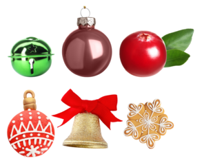 a delightful assortment of christmas-themed elements: green jingle bell, deep red bauble, ripe cranberry with leaves, gingerbread cookie ornament, golden bell with red bow, and snowflake cookie.