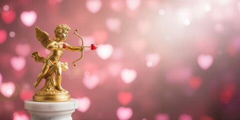 Fototapeta premium Golden Cupid statue aiming a heart arrow on a romantic pink background
