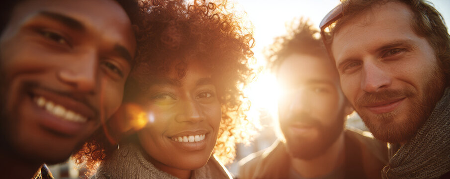 Happy friend group smiling people diverse friendship sunset light close up portrait young adult winter clothing outdoor city warm feeling genuine